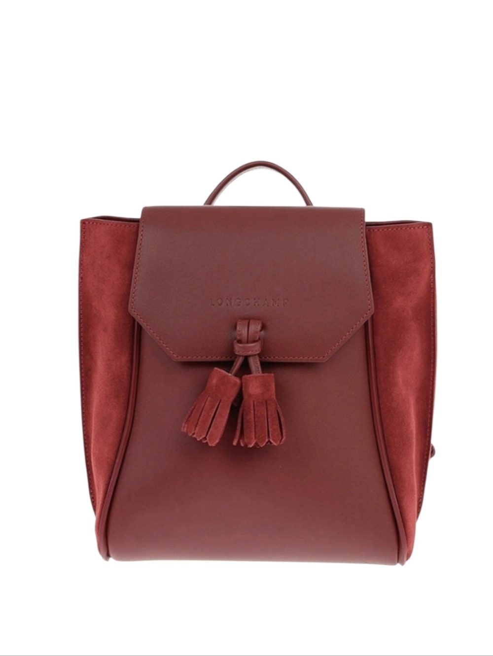 Longchamp Burgundy Suede & Leather Tassel Backpack